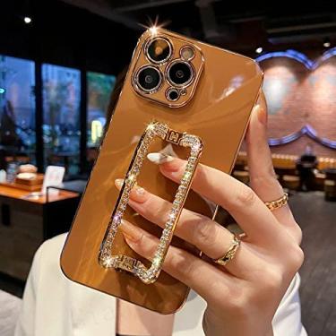 Imagem de 3D Crystal Square Holder Gold Plating Phone Case Para iphone 14 12 Pro Max Mini 11 13 Pro X XS XR 6 S 7 8 Plus SE Cover, L24A3, Coffee, For 13 ProMax