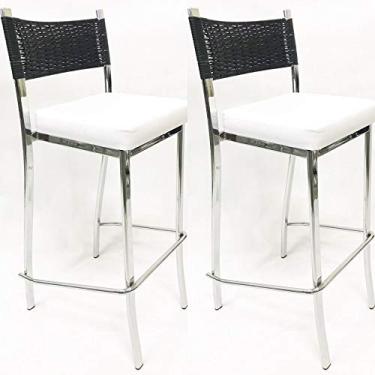 Imagem de Kit 2 Banquetas EMPILHÁVEL alta cromada assento branco fibra sintética preta - Poltronas do Sul