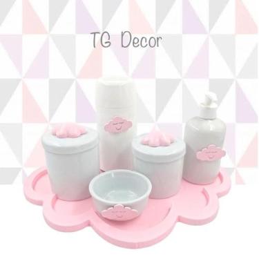 Imagem de Kit Higiene Porcelana Nuvem Rosa Tema Nuvem Garrafa 6Pçs - Tg Decor