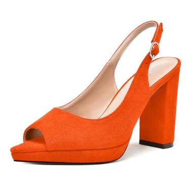 Imagem de WAYDERNS Sapato feminino com alça ajustável peep toe para noiva camurça fivela plataforma bloco sólido salto alto sapatos 10 centímetros, Laranja quente, 12.5