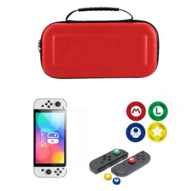 Imagem de Case Capa Estojo Para Nintendo Switch Oled Porta Jogos Vermelho + Duas Película De Vidro + 4 Grip Mario Personalizado Luxephagames