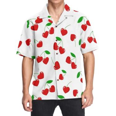 Imagem de CHIFIGNO Camisa havaiana masculina casual com colarinho de botão, manga curta, folgada, praia, verão, Corações cereja Dia dos Namorados, 3G