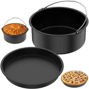 Imagem de QENWKXZ 2 peças acessório para fritadeira a ar durável, frigideira, pizza, barril de bolo com revestimento antiaderente, conjunto de frigideiras redondas grandes e pequenas, barril de bolo profundo