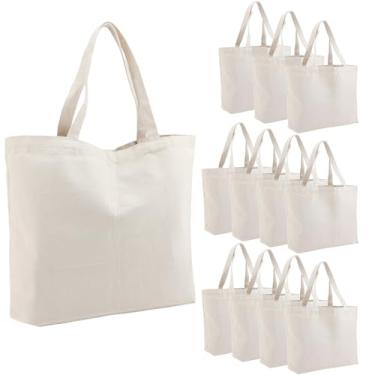 Imagem de Segarty Sacola de lona para mulheres, pacote com 12 sacos de compras de lona em branco reutilizáveis, bolsa de ombro de lona de algodão natural estética, sacolas de lona a granel para DIY, presente, praia, viagem, supermercado