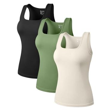Imagem de OQQ Camisetas femininas de 3 peças, gola quadrada, elástica, sem mangas, Preto, verde ervilha, bege, X-Large