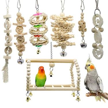 Imagem de Deloky Pacote com 7 brinquedos para mastigar papagaios de pássaro, para pendurar na gaiola, adequado para periquitos pequenos, calopsitas, conures, tentilhões, periquitos, araras, papagaios, pássaros