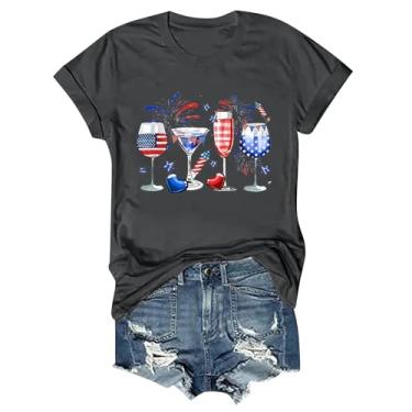 Imagem de Camisetas patrióticas femininas com bandeira americana com estampa engraçada de taça de vinho 4 de julho, camisetas casuais de verão, Cinza escuro, XXG
