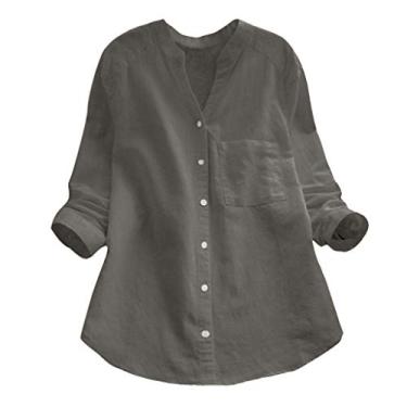 Imagem de Camiseta feminina de verão, de linho, manga comprida, blusa de cor sólida, caimento solto, gola V, botão, túnica, camisa casual, Cinza, M