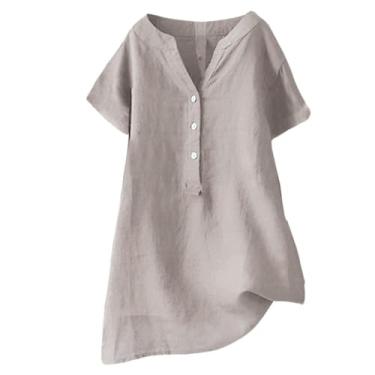Imagem de Camisetas femininas de linho, manga curta, gola V, casual, de verão, soltas, de botão, camisas longas, túnica, blusa grande, K, XXG