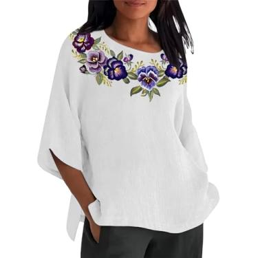 Imagem de Camisetas femininas de linho para conscientização de Alzheimer, roxa, estampa floral, manga 3/4, gola redonda, túnica casual solta, Branco, G