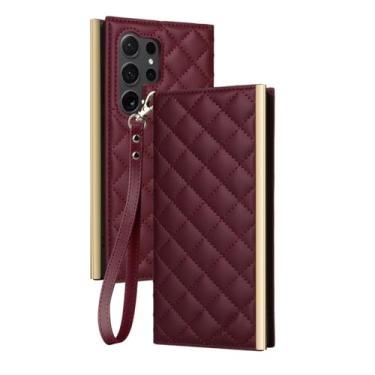Imagem de Capa de telefone com alça de pulso Crossboby para Samsung Galaxy S23 S21 FE S24 S22 Ultra Plus Carteira com suporte para cartão capa de couro para preservação, vinho tinto, para Galaxy S22 U