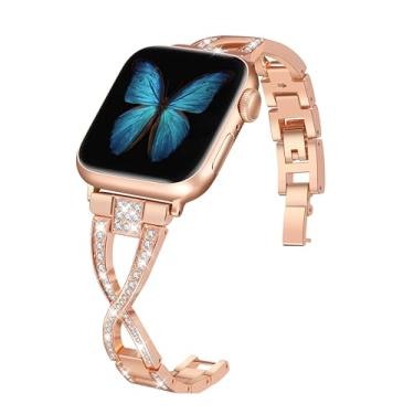 Imagem de JFdragon Pulseira feminina para Apple Watch de 42 mm, 44 mm, 45 mm, 46 mm e 49 mm, séries 10, 9, 8, 7, 6, 5 e 4 SE, pulseira de metal brilhante, elegante e bonita, ouro rosa