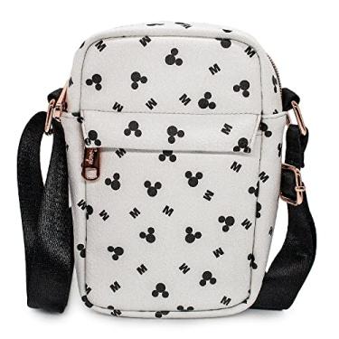 Imagem de Bolsa Disney com fivela cruzada, cabeça do Mickey Mouse e ícones M espalhados, branca, couro vegano