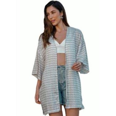 Imagem de Kimono Cardigan Casaco Feminino Verão Saída de Praia Longo Aberto Estampado Conchas VL0617-Feminino
