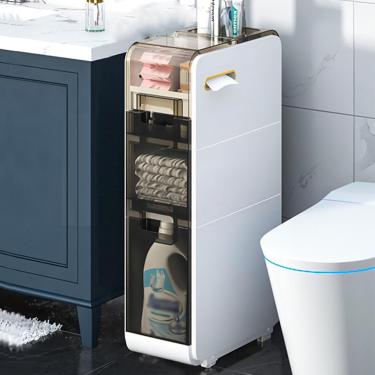 Imagem de Armário de piso de canto de armazenamento de banheiro fino Armário lateral de banheiro Armário de piso de banheiro multicamadas com rodas Unidade organizadora estreita de papel higiênico Arm