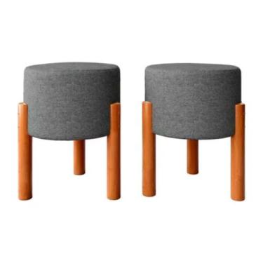 Imagem de Kit Puffs Banqueta Redondo Pés Em Madeira Maciça Cinza - Lojas Biliva 