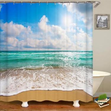 Imagem de Cortinas de chuveiro com cenário de praia, mar, oceano, mediterrâneo, cortina de banheiro, tecido impermeável, decoração, 20, W300xH180cm