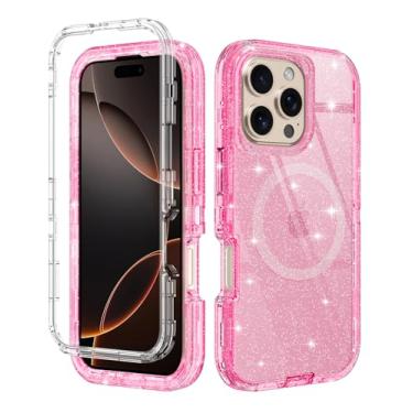 Imagem de I-HONVA Capa transparente para iPhone 16 Pro Max [não amarela] [compatível com MagSafe] à prova de choque com 3 camadas de proteção total resistente para Apple iPhone 16 Pro Max, glitter rosa