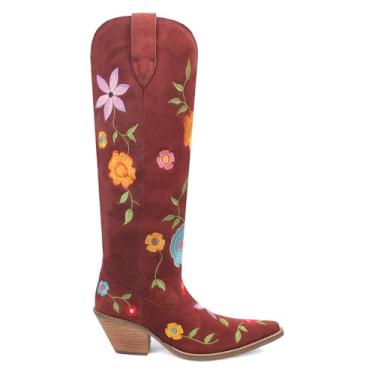 Imagem de Dingo Bota feminina casual floral floral acima do joelho salto médio 5-7,6 cm - laranja, Borgonha, 40