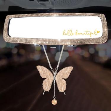 Imagem de Forala 3 pacotes de espelhos retrovisores de carro brilhantes com borboleta de cristal acessórios para mulheres interior universal clipe grande angular espelho retrovisor (champane)