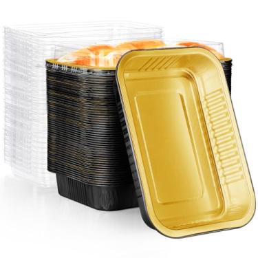 Imagem de EUSOAR Mini formas de pão com tampas, quadradas de ouro preto, 590 ml, 50 peças, forma de pão descartável, folha de alumínio, ramequins com tampas, forros de muffin, copos de cupcake, recipientes de