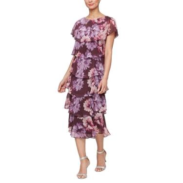 Imagem de S.L. Fashions Vestido feminino plus size floral gola canoa em camadas comprimento midi casamento convidada com ombro frisado, Várias cores, 50
