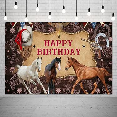 Imagem de Feliz Aniversário Cavalo Pano de Fundo Fotografia Velho Oeste Cowboy Decorações Imagem Fundo Fazenda Tema Vaqueira Chá de Bebê Banner para Crianças Adultos Suprimentos Cabine Fotográfica 1,5 x 0,91 m