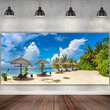 Imagem de DORCEV Pano de fundo de praia tropical de verão para festa 3 x 1,5 m tropical Havaí cenário de praia litorânea, palmeiras, fotografia, céu azul, nuvens brancas, férias, viagem, decoração, adereços de