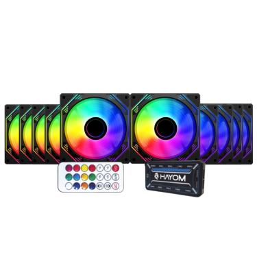 Imagem de Kit 10 Fans Hayom RGB 120mm C/Controladora Preto - FC1308