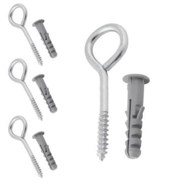 Imagem de Kit 4 Parafuso Gancho Pitão Com Bucha 6mm Aço Para Parede Tela Rede de