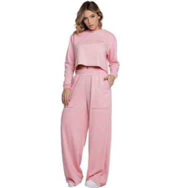 Imagem de Conjunto Cropped Manga Longa + Calça Wide Leg Bella Fiore Blusa Moletinho Flare Pantalona Casual-Feminino