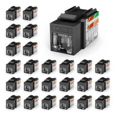 Imagem de VCELINK RJ45 Cat 6 Keystone Jacks, pacote com 25, conectores modulares Ethernet punch down de 90 graus, adaptador UTP Keystone, preto