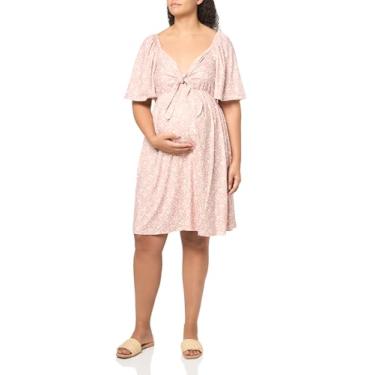 Imagem de FUNJULY Vestidos de maternidade para chá de bebê feminino com gola V nó na altura do joelho vestido de chá de bebê bege flor 2GG