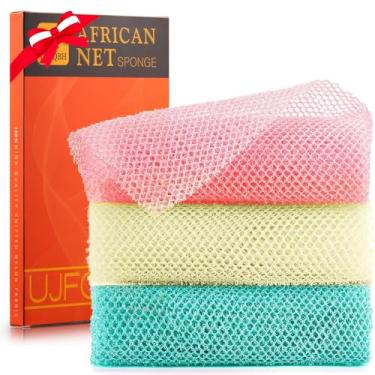 Imagem de 3 Pieces African Net Sponge, African exfoliating net African Net Long Net Bath Sponge Exfoliating Shower Body Scrubber Back Scrubber Skin Smoother（Pink, Green, Off-White）