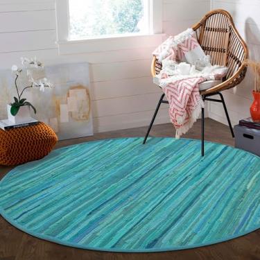 Imagem de Area Rugs Tapete redondo azul-petróleo tecido à mão verde para quarto, banheiro, sala de estar | Tapete circular reversível lavável Boho para cozinha, pátio, sala de jogos infantil, berçário