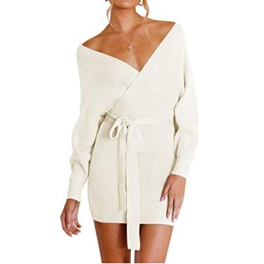 Imagem de ZESICA Vestido feminino 2024 outono longo manga morcego gola V tricotado costas nuas pulôver com cinto, Damasco, GG