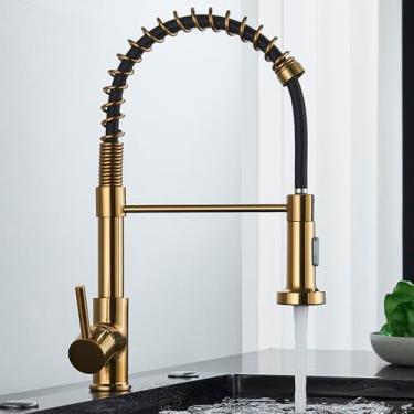 Imagem de Torneira de cozinha Pull Out Stream Deck Mounted Matte Black Mixer Tap 360 graus Rotação Pia de cozinha Torneiras quentes e frias, ouro polido A