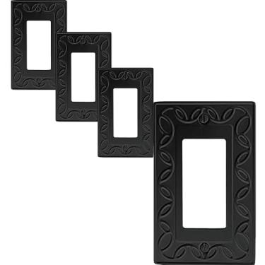 Imagem de OKAWYC Tampa de interruptor de luz decorativa única NovaBloom placa de parede de metal, pacote com 4, preto, 1 gangue, balancim único, para tampa de interruptor de regulação de intensidade de luz