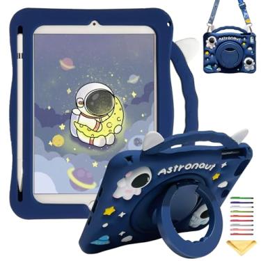 Imagem de Capa infantil para iPad Mini 7 A17 Pro 2024/iPad Mini 6 2021 21.1 cm com suporte para lápis/alça de ombro, alça giratória de 360°/capa macia para iPad Mini 7ª/6ª geração, astronauta azul