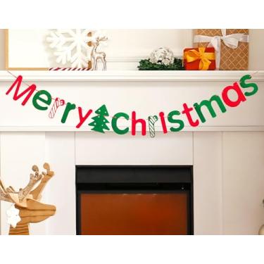 Imagem de JSDJ banner de feliz natal com árvore de natal guirlanda de feltro de lã verde vermelha decoração de feriado feliz interior bonito decoração suspensa para parede de lareira, quarto de crianç