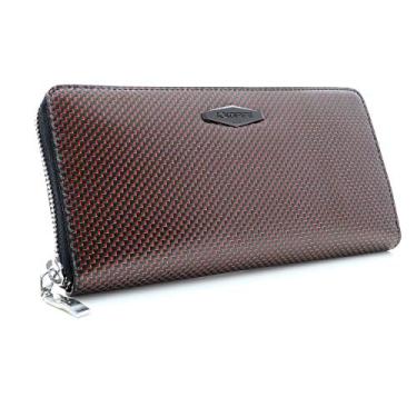 Imagem de Carteira feminina com zíper de acordeão da COLDFIRE para RFID, couro italiano genuíno e fibra de carbono 3K, dourada, vermelha, embreagem preta para o dia ou a noite, carteira tática para cartão de viagem – presente para ela (vermelha)