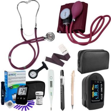 Imagem de Kit Enfermagem Completo Estetoscópio Esfigmomanômetro Oximetro Glicose