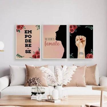 Imagem de Kit 3 Quadros Feministas Empodere-Se 24X18 Com Vidro Branca