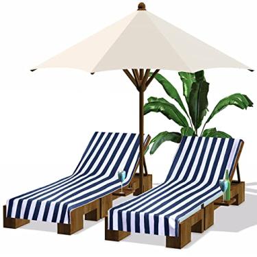 Imagem de Fumete Pacote com 2 capas para espreguiçadeiras, 76 x 213 cm, toalhas de microfibra para cadeira de praia, listradas, portátil, para terraço ao ar livre, para banhos de sol, piquenique, spa (azul