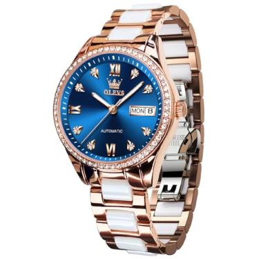 Imagem de OLEVS Relógios femininos automáticos diamante turbilhão vestido relógio de pulso lua fase impermeável luminoso, L6637: Pulseira de dois tons e mostrador azul, Elegante