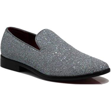Imagem de Sapato social masculino SPK04 vintage com purpurina, mocassins, sem cadarço, clássico, smoking, Cinza, 8.5