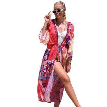 Imagem de Saída de Praia Longa Estampada Túnica Kimono Elegant Piscina