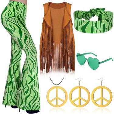 Imagem de Haull Conjunto de 7 peças de roupas femininas hippie discoteca dos anos 60, 70, conjunto de fantasia de Halloween, calça rodada, colete com franja, sinal de paz, Multicolorido., M