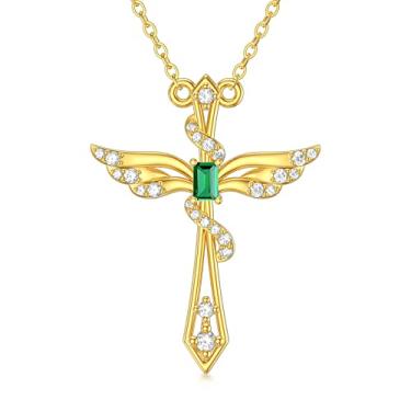 Imagem de Rikelus Colar feminino com cruz de ouro 14K, pingente de cruz de asas de anjo em ouro maciço com esmeralda criada, presente de dia das mães para esposa, namorada, mãe, 40,6 cm + 2,5 cm + 2,5 cm, Ouro,