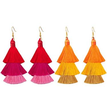 Imagem de Nupuyai 2 pares de brincos de borla coloridos em camadas para mulheres, conjunto de brincos de pendurar com 3 fios de borla boêmio Vermelho